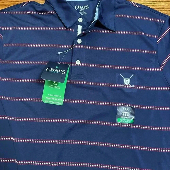 NEW CHAPS Sports Golf Polo Shirt UPF 30 Moisture Wicking Blue Stripe - Picture 2 of 5
